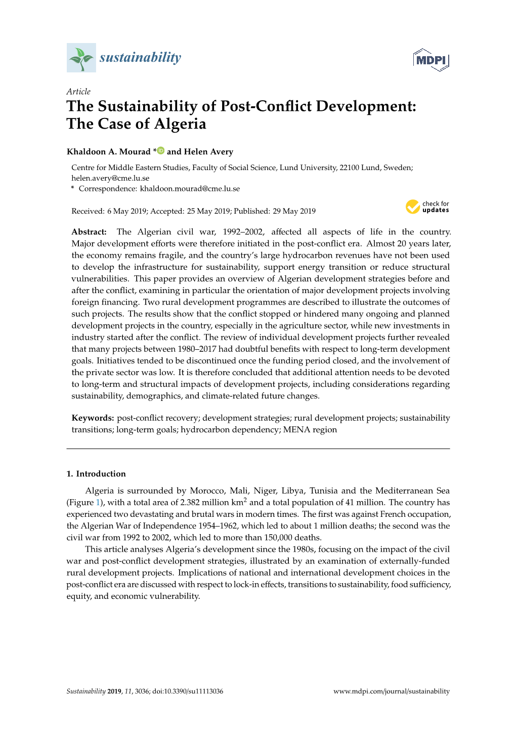 The Sustainability of Post-Conflict Development: the Case of Algeria