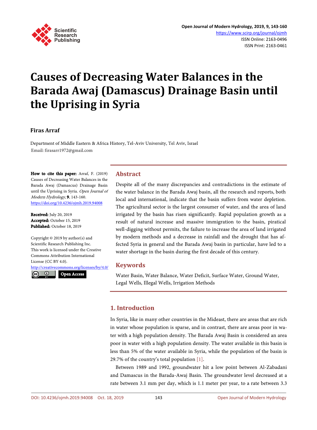 Causes of Decreasing Water Balances in the Barada Awaj (Damascus) Drainage Basin Until the Uprising in Syria