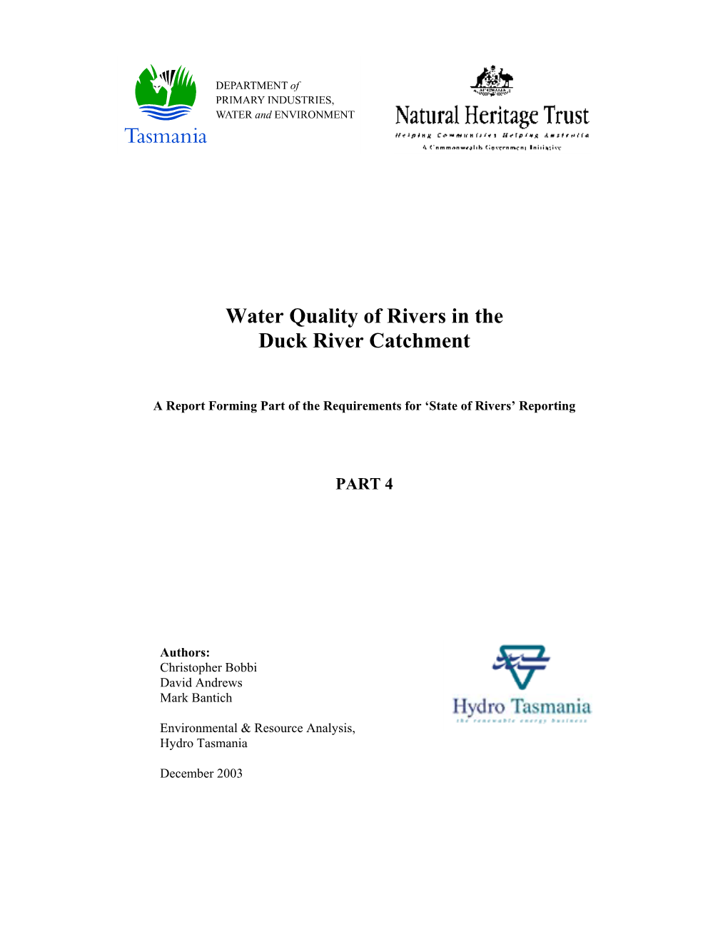 Water Quality of Rivers in the Duck River Catchment