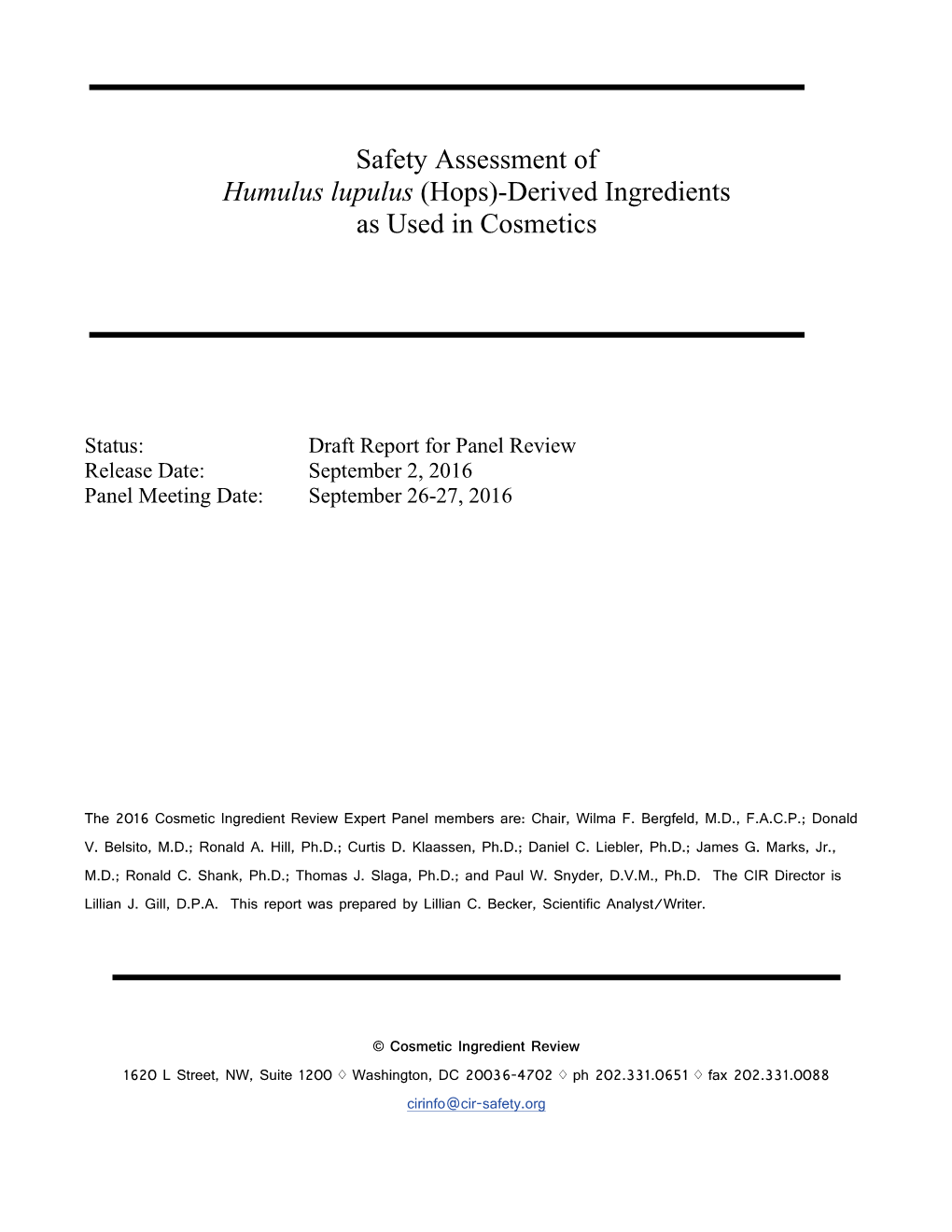 Safety Assessment of Humulus Lupulus (Hops)-Derived Ingredients As Used in Cosmetics