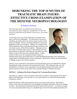 Debunking the Top 10 Myths of Traumatic Brain Injury: Effective Cross Examination of the Defense Neuropsychologist