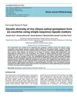 Genetic Diversity of Rice (Oryza Sativa) Germplasm from Six Countries Using Simple Sequence Repeats Markers