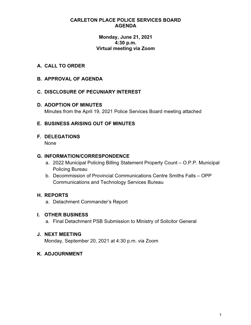 Carleton Place Police Services Board Agenda