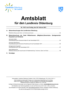 Amtsblatt Für Den Landkreis Oldenburg 15 / 2021
