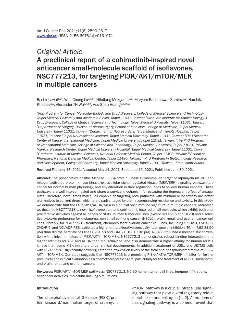 Original Article a Preclinical Report of a Cobimetinib-Inspired Novel