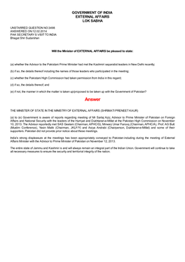 ANSWERED ON:12.02.2014 PAK SECRETARY S VISIT to INDIA Bhagat Shri Sudarshan