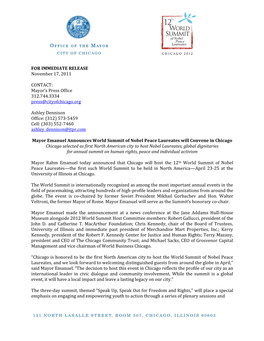 FOR IMMEDIATE RELEASE November 17, 2011 CONTACT: Mayor's Press Office 312.744.3334 Press@Cityofchicago.Org Ashley Dennison Of