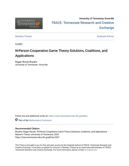 N-Person Cooperative Game Theory Solutions, Coalitions, and Applications