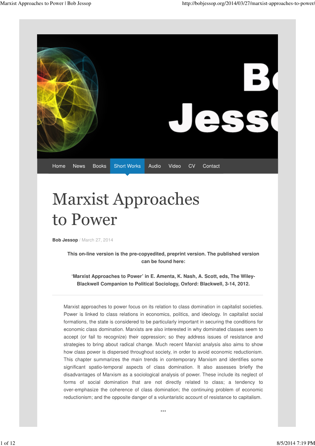 Marxist Approaches to Power | Bob Jessop