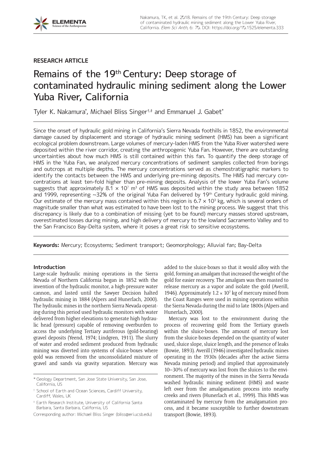 Deep Storage of Contaminated Hydraulic Mining Sediment Along the Lower Yuba River, California