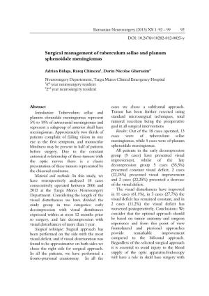 Surgical Management of Tuberculum Sellae and Planum Sphenoidale Meningiomas