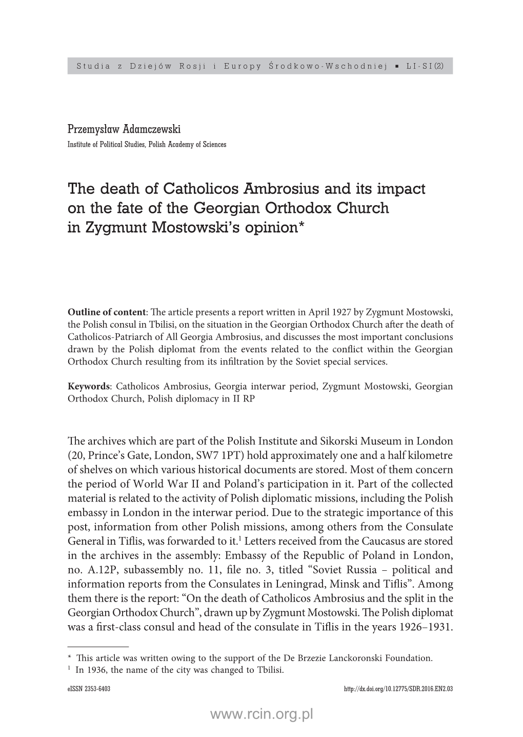 The Death of Catholicos Ambrosius and Its Impact on the Fate of the Georgian Orthodox Church in Zygmunt Mostowski’S Opinion*