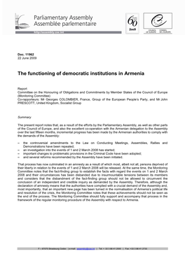 The Functioning of Democratic Institutions in Armenia