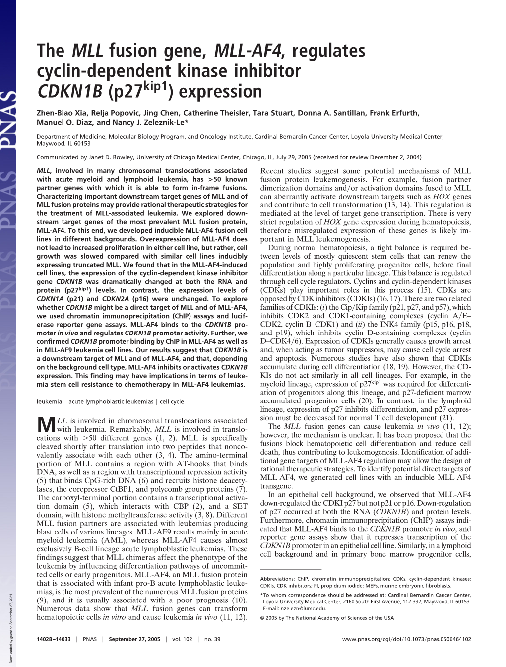 The MLL Fusion Gene, MLL-AF4, Regulates Cyclin-Dependent Kinase Inhibitor CDKN1B (P27kip1) Expression