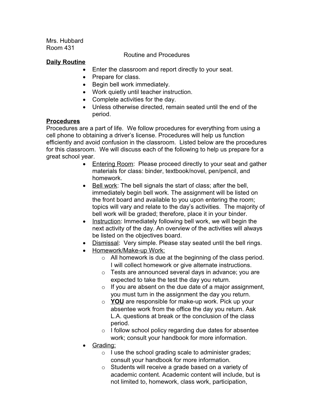 Daily Procedures Routines