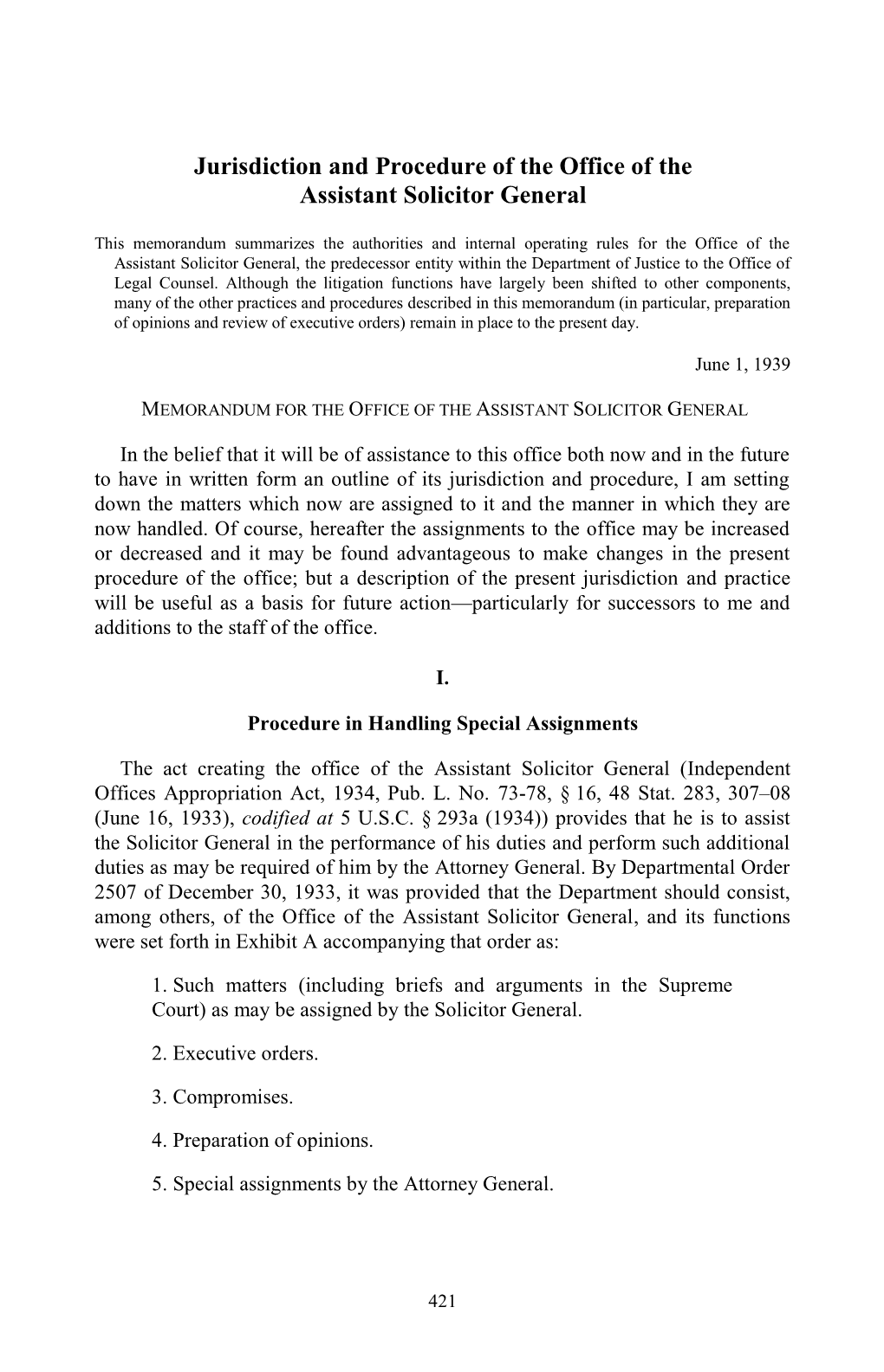 Jurisdiction and Procedure of the Office of the Assistant Solicitor General