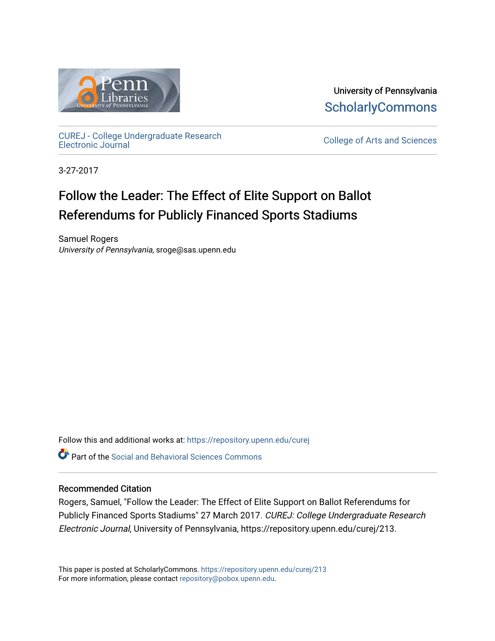 The Effect of Elite Support on Ballot Referendums for Publicly Financed Sports Stadiums