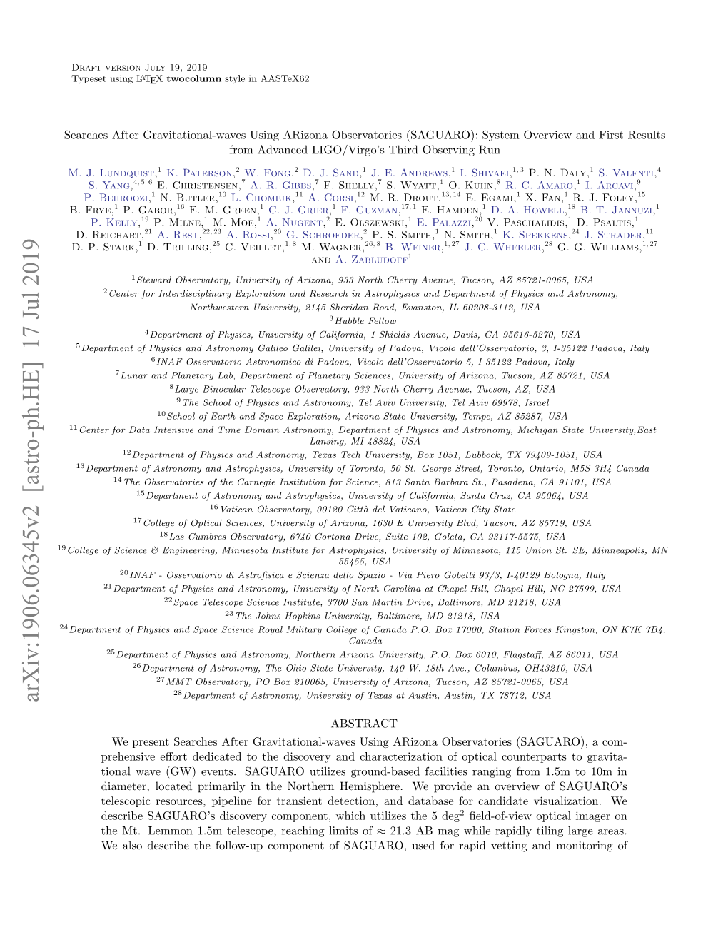 Searches After Gravitational-Waves Using Arizona Observatories (SAGUARO): System Overview and First Results from Advanced LIGO/Virgo’S Third Observing Run