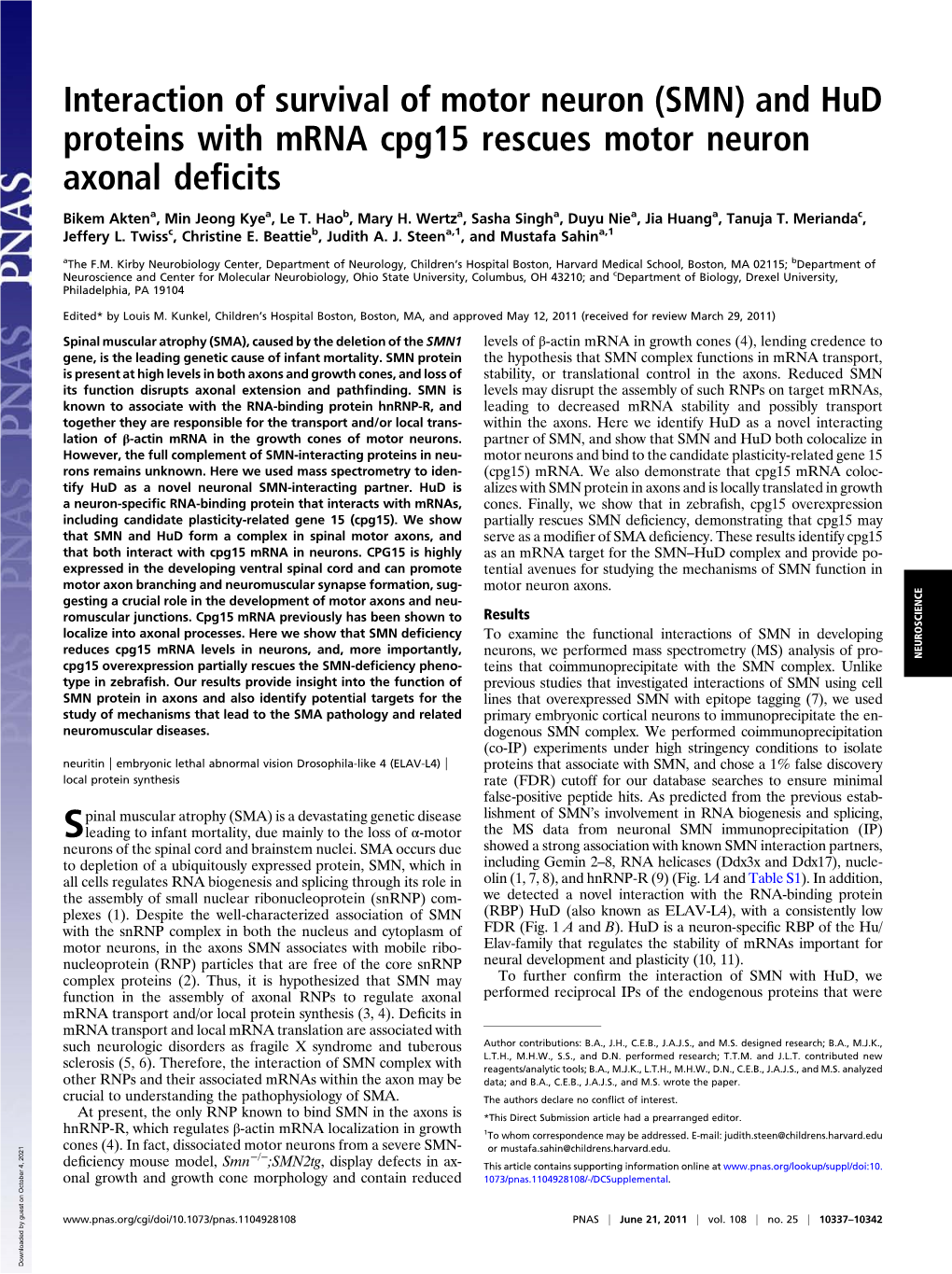 (SMN) and Hud Proteins with Mrna Cpg15 Rescues Motor Neuron Axonal Deﬁcits