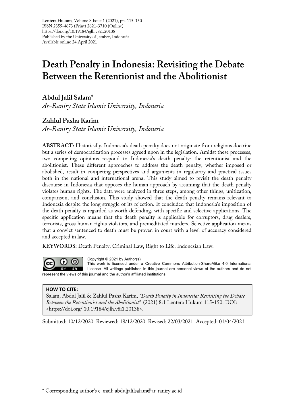 Death Penalty in Indonesia: Revisiting the Debate Between the Retentionist and the Abolitionist