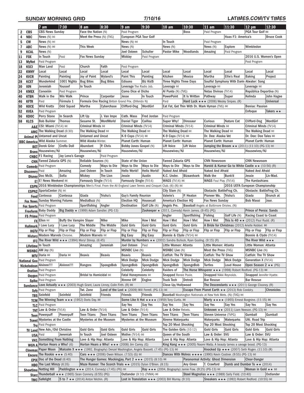 Sunday Morning Grid 7/10/16 Latimes.Com/Tv Times