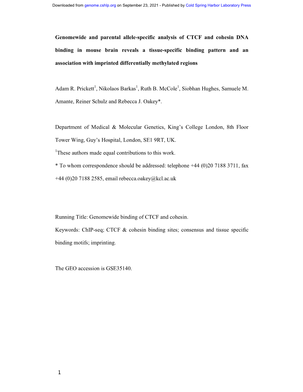 1 Genomewide and Parental Allele-Specific Analysis of CTCF And