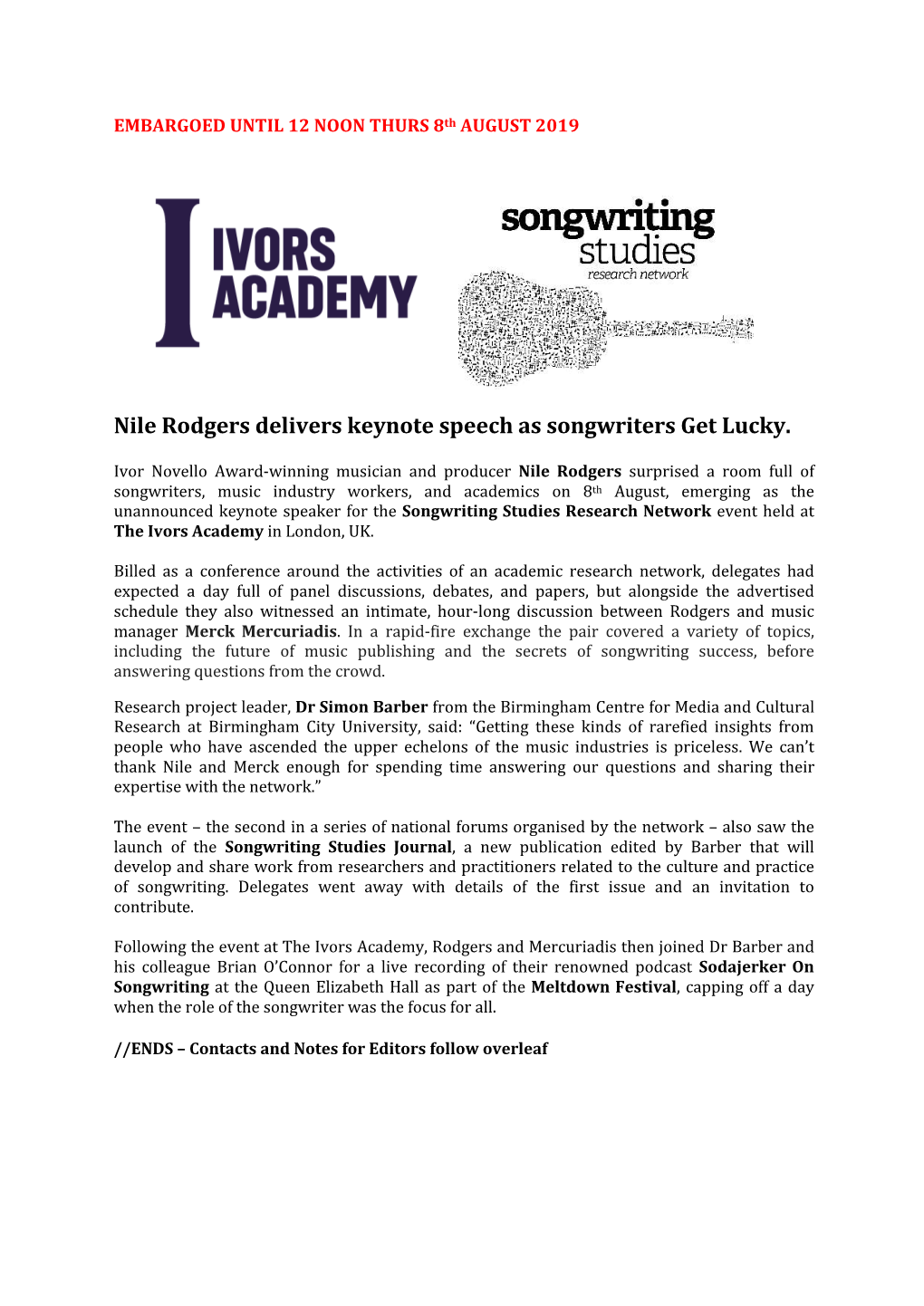 Songwriting Studies at the Ivors Academy Press Release