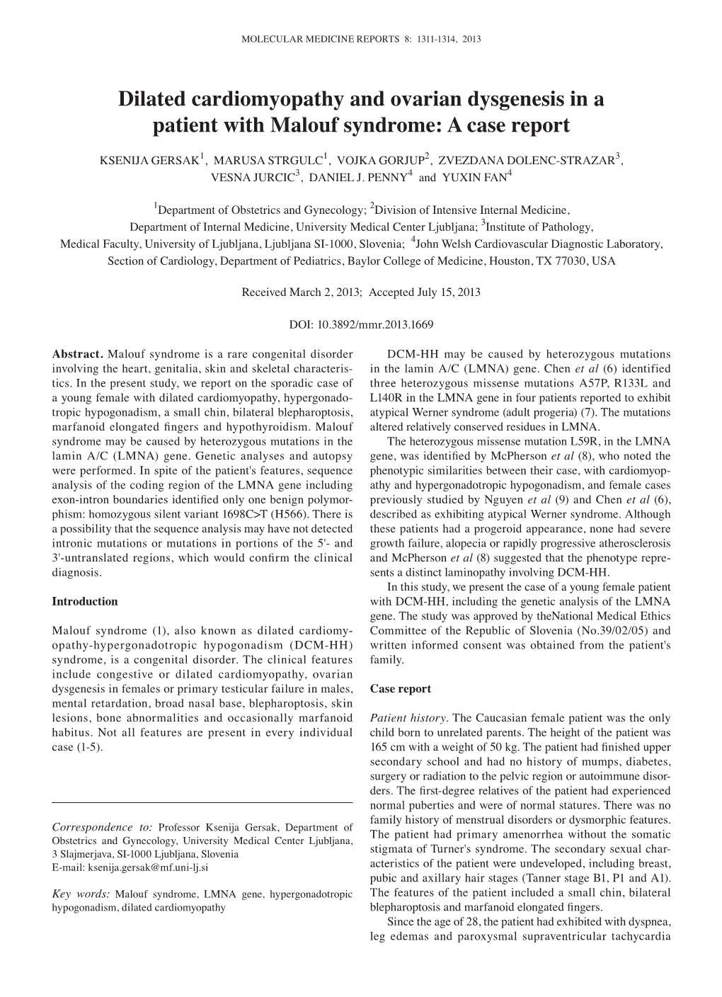 Dilated Cardiomyopathy and Ovarian Dysgenesis in a Patient with Malouf Syndrome: a Case Report