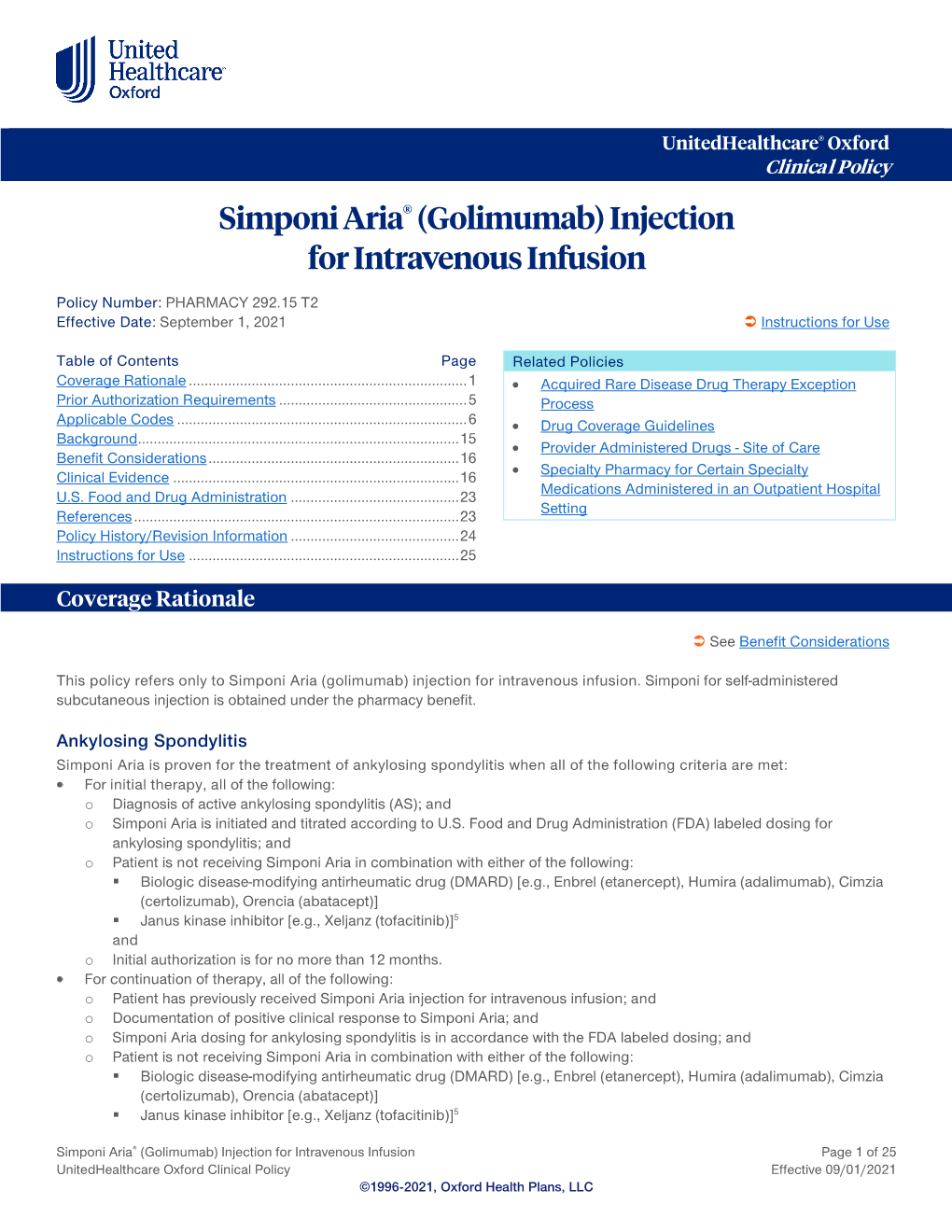 Simponi Aria® (Golimumab) Injection for Intravenous Infusion