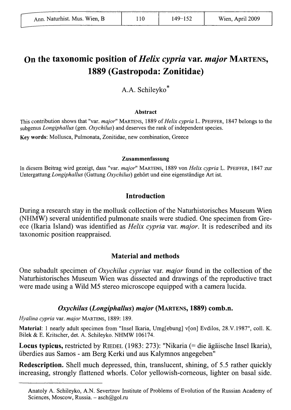 On the Taxonomic Position of Helix Cypria Var. Major M a R T E N S , 1889 (Gastropoda: Zonitidae)