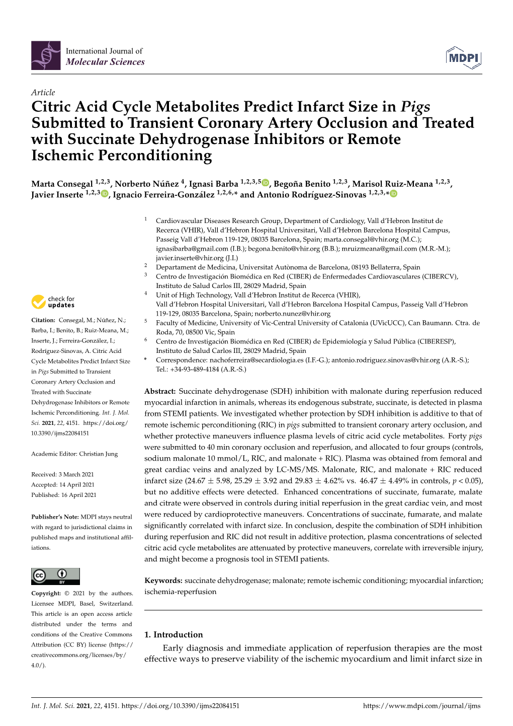 Citric Acid Cycle Metabolites Predict Infarct Size in Pigs Submitted To