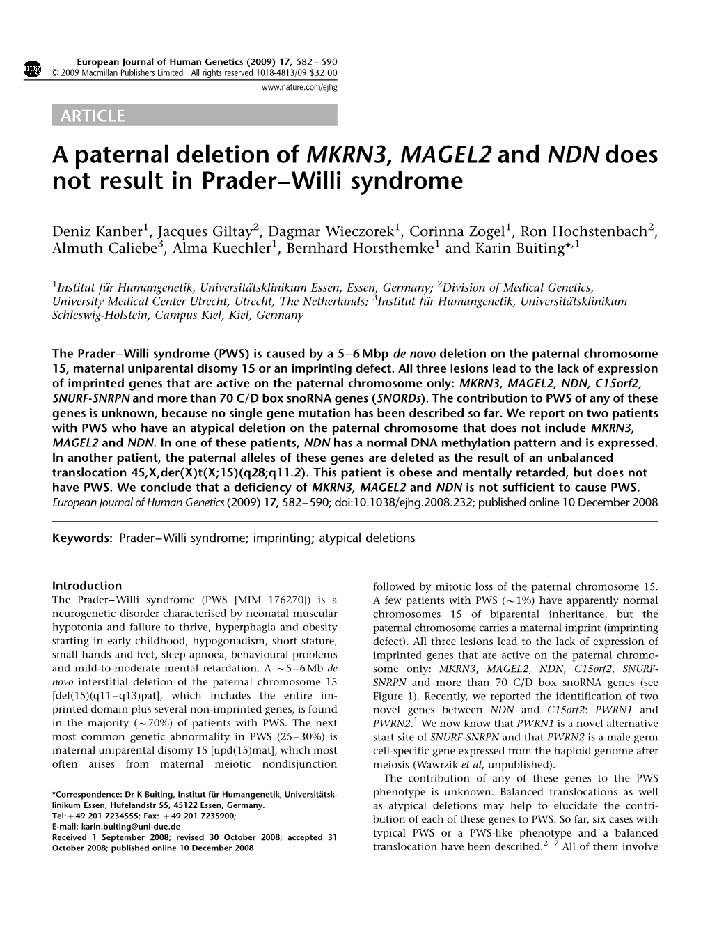 A Paternal Deletion of MKRN3, MAGEL2 and NDN Does Not Result in Prader–Willi Syndrome