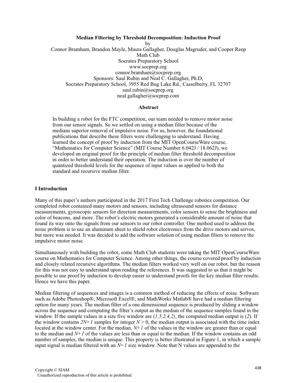 Median Filtering by Threshold Decomposition: Induction Proof