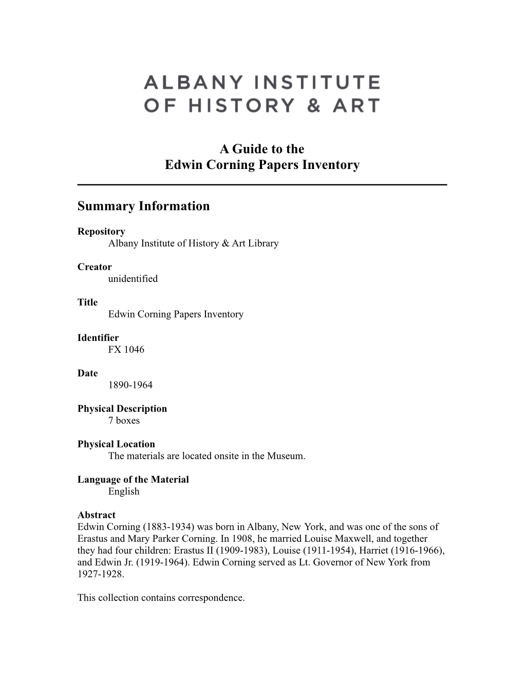 Edwin Corning Papers Inventory, 1890-1964, FX 1046