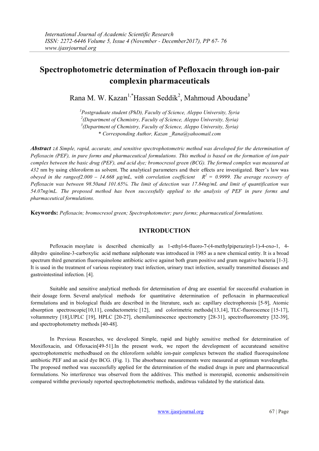 Spectrophotometric Determination of Pefloxacin Through Ion-Pair Complexin Pharmaceuticals