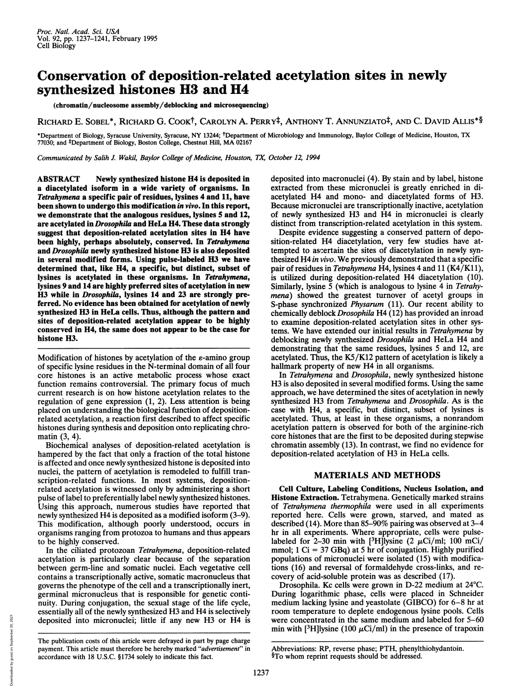 Synthesized Histones H3 and H4 (Chromatin/Nucleosome Assembly/Deblocking and Microsequencing) RICHARD E