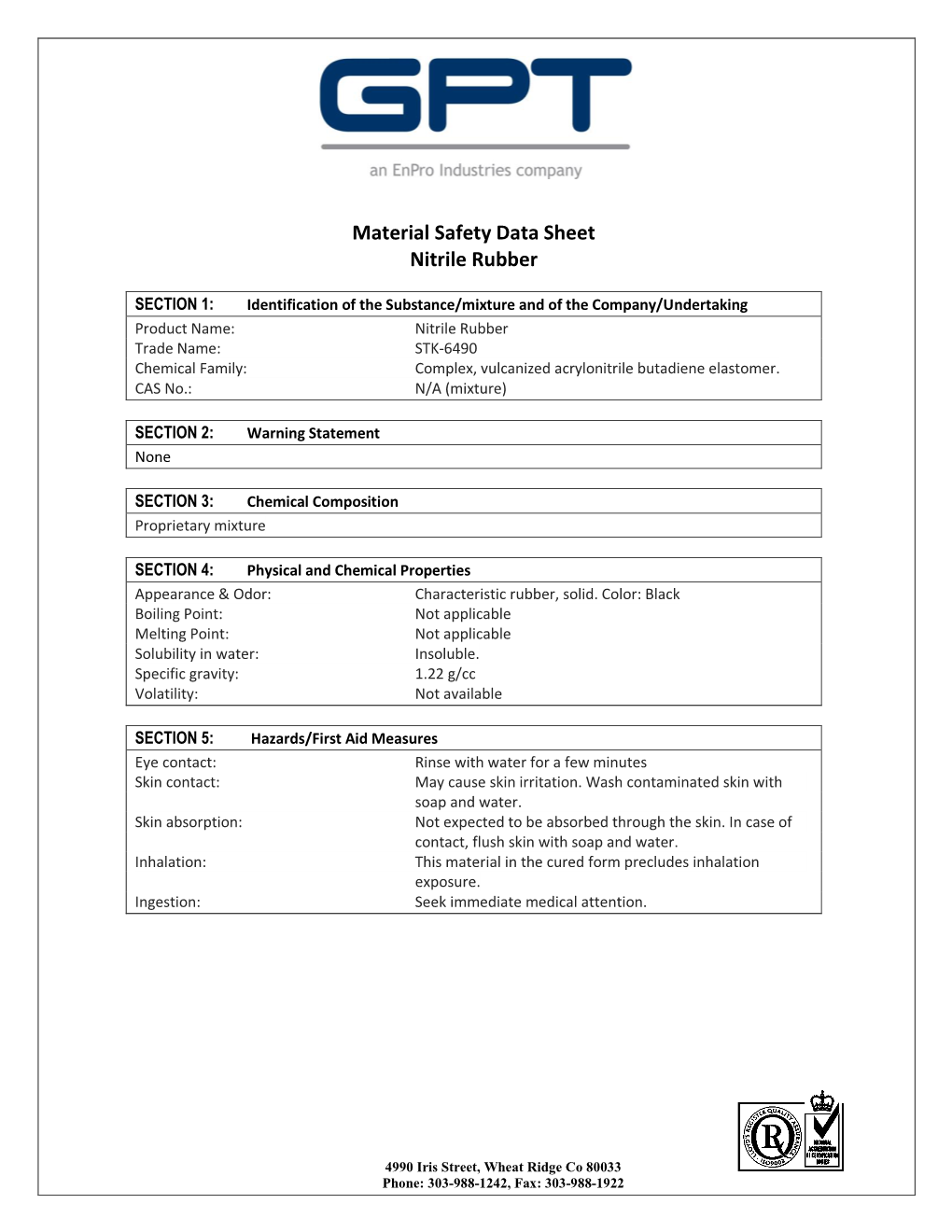 Nitrile (Buna) Rubber Material Safety Data Sheet