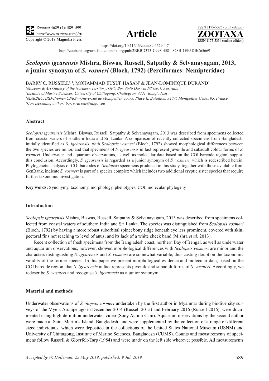 Scolopsis Igcarensis Mishra, Biswas, Russell, Satpathy & Selvanayagam, 2013, a Junior Synonym of S