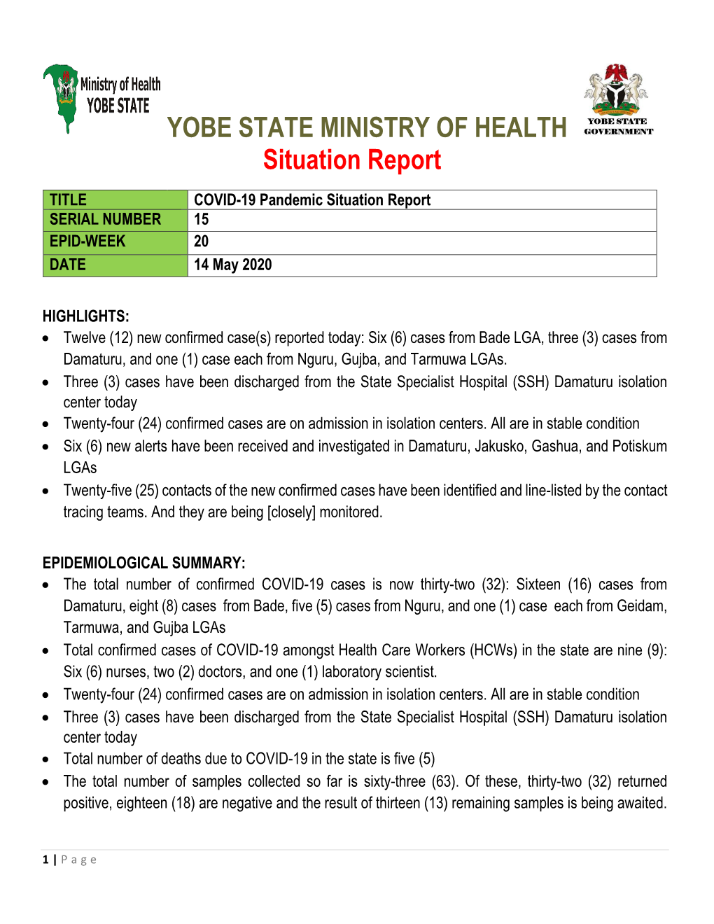 YOBE STATE MINISTRY of HEALTH Situation Report