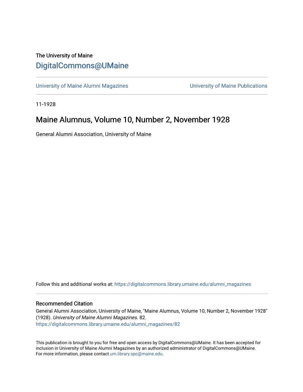 Maine Alumnus, Volume 10, Number 2, November 1928