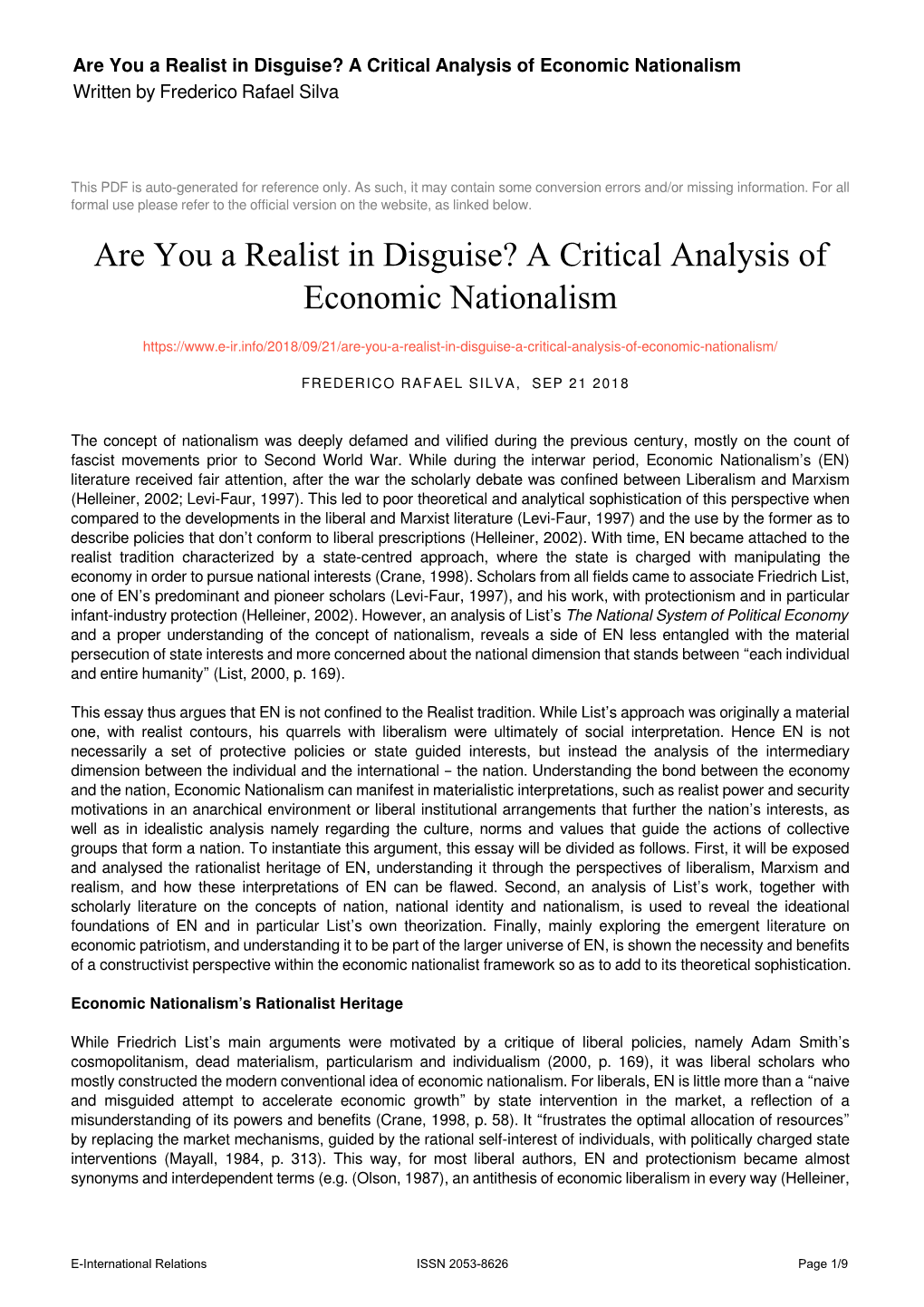 A Critical Analysis of Economic Nationalism Written by Frederico Rafael Silva