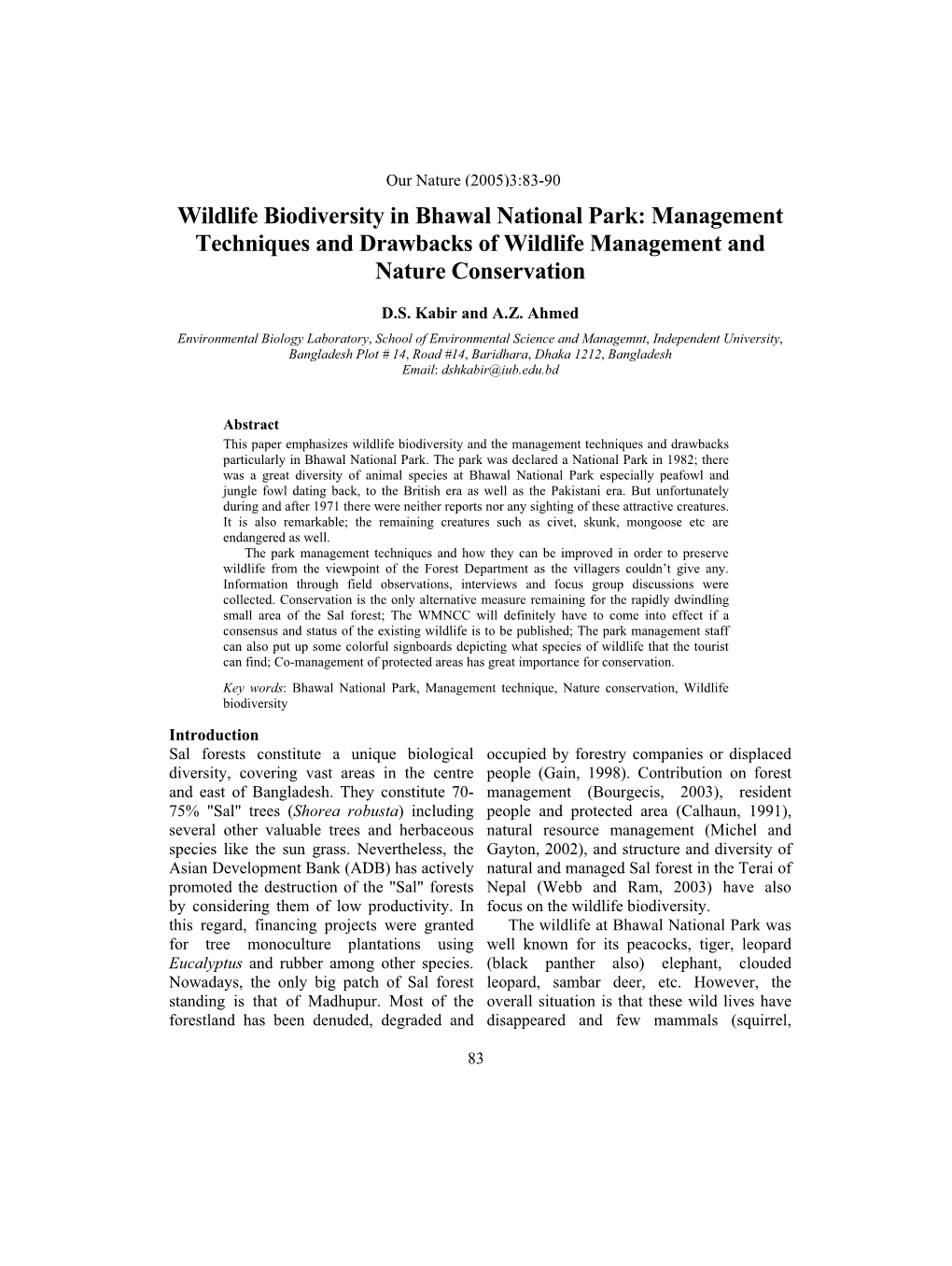 Wildlife Biodiversity in Bhawal National Park: Management Techniques and Drawbacks of Wildlife Management and Nature Conservation