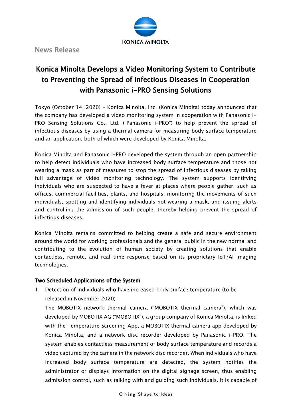 Konica Minolta Develops a Video Monitoring System to Contribute to Preventing the Spread of Infectious Diseases in Cooperation with Panasonic I-PRO Sensing Solutions