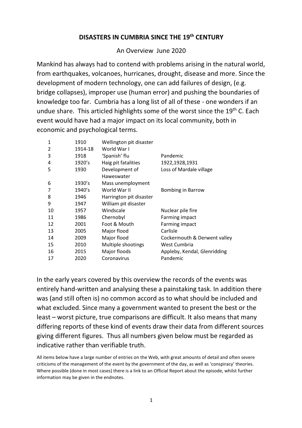 DISASTERS in CUMBRIA SINCE the 19Th CENTURY an Overview June