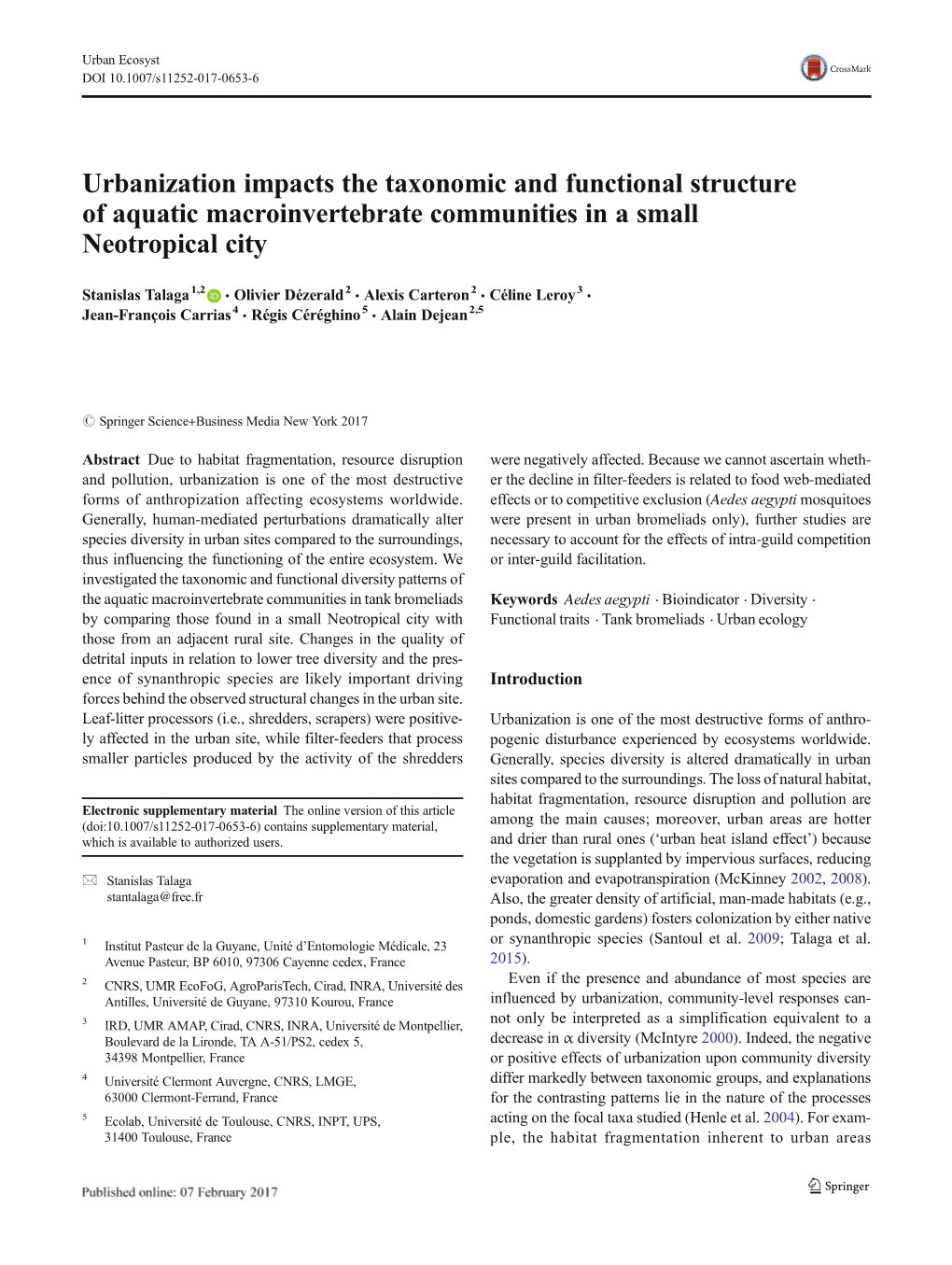 Urbanization Impacts the Taxonomic and Functional Structure of Aquatic Macroinvertebrate Communities in a Small Neotropical City