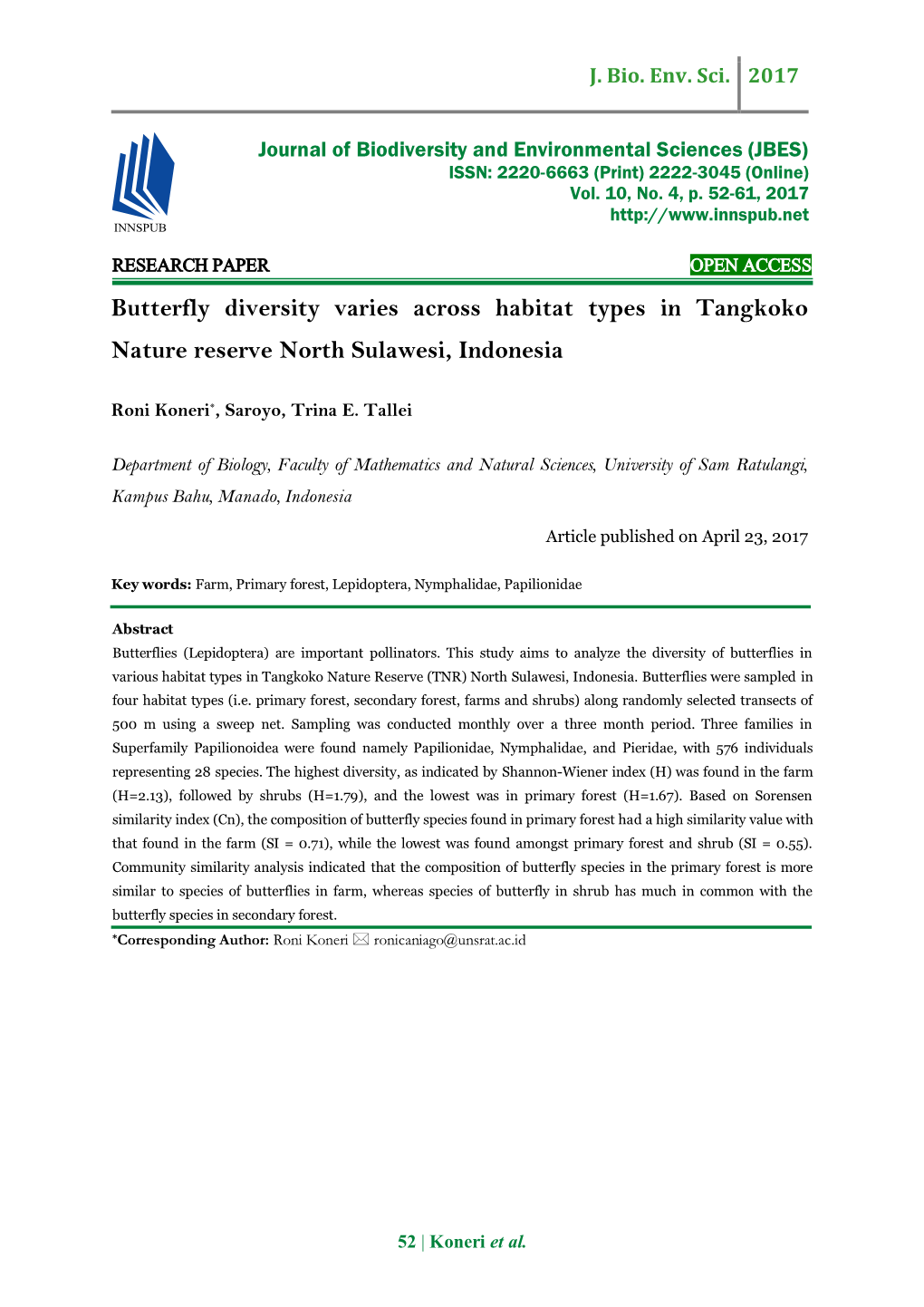 Butterfly Diversity Varies Across Habitat Types in Tangkoko Nature Reserve North Sulawesi, Indonesia