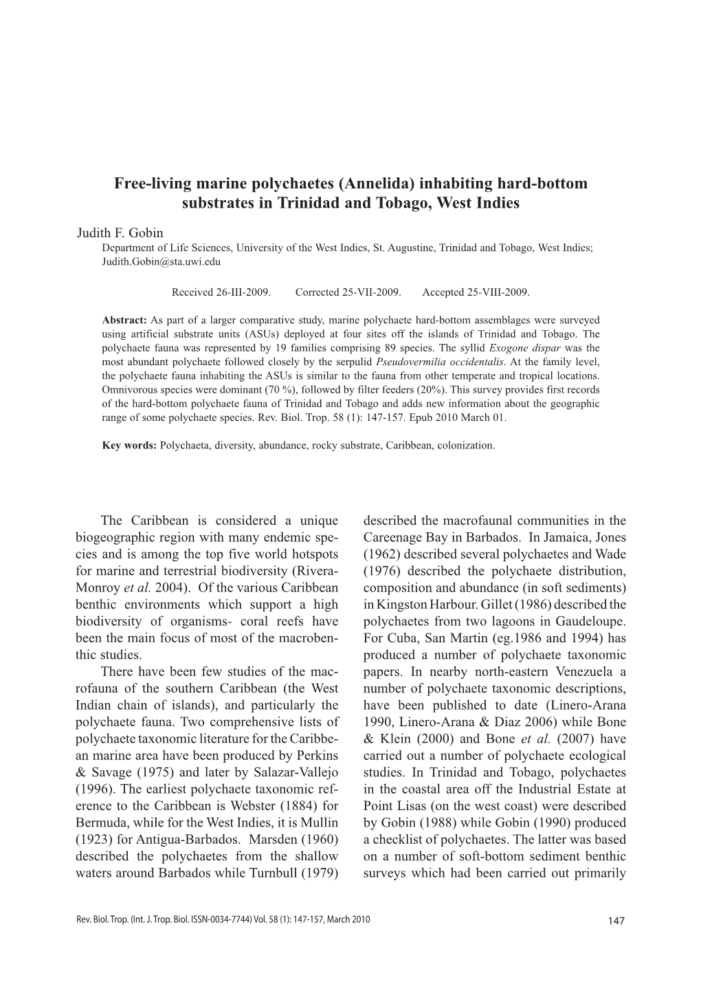 Free-Living Marine Polychaetes (Annelida) Inhabiting Hard-Bottom Substrates in Trinidad and Tobago, West Indies