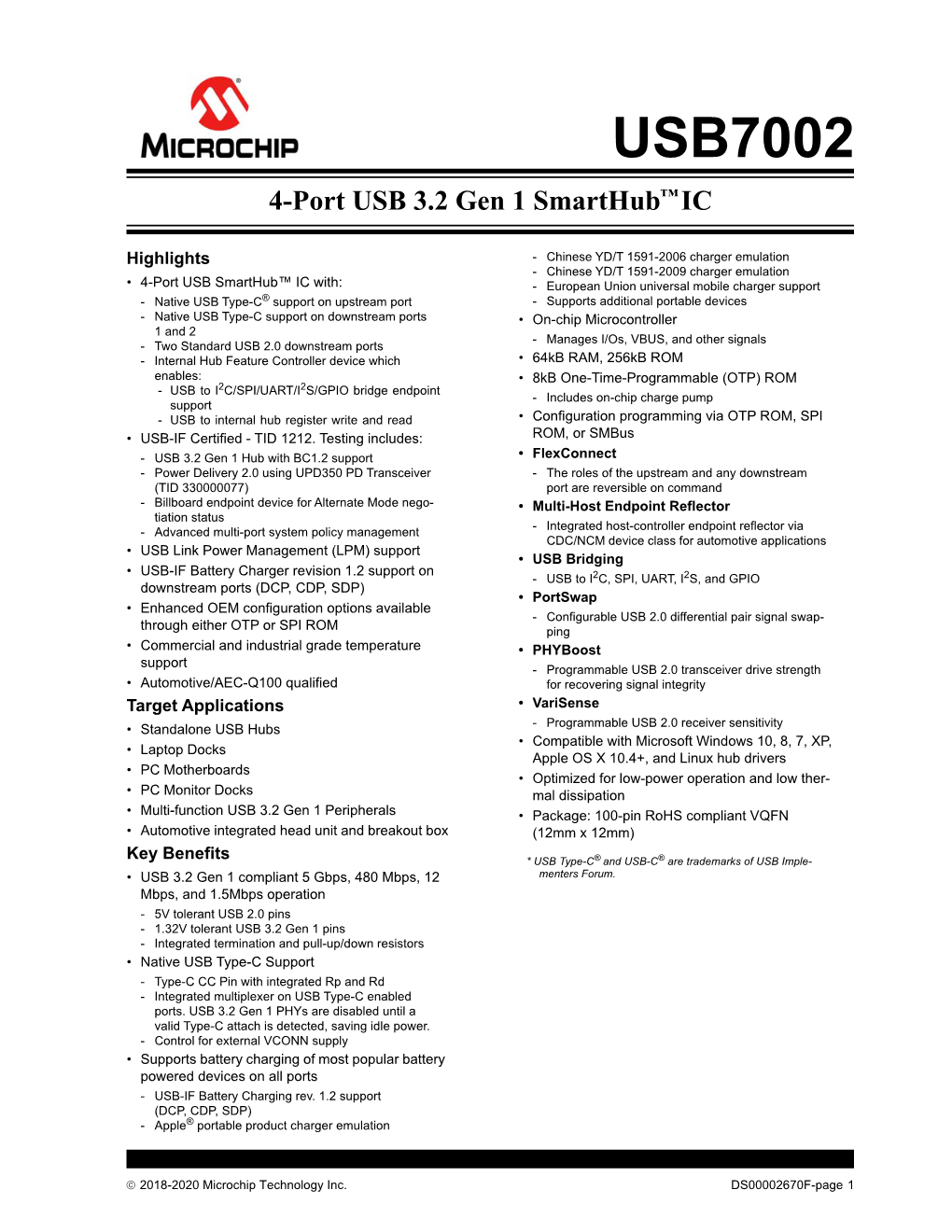 USB7002 4-Port USB 3.2 Gen 1 Smarthub IC