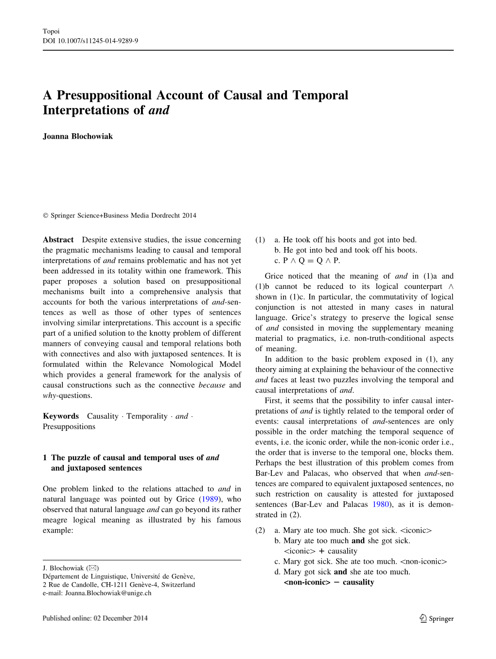 A Presuppositional Account of Causal and Temporal Interpretations of And