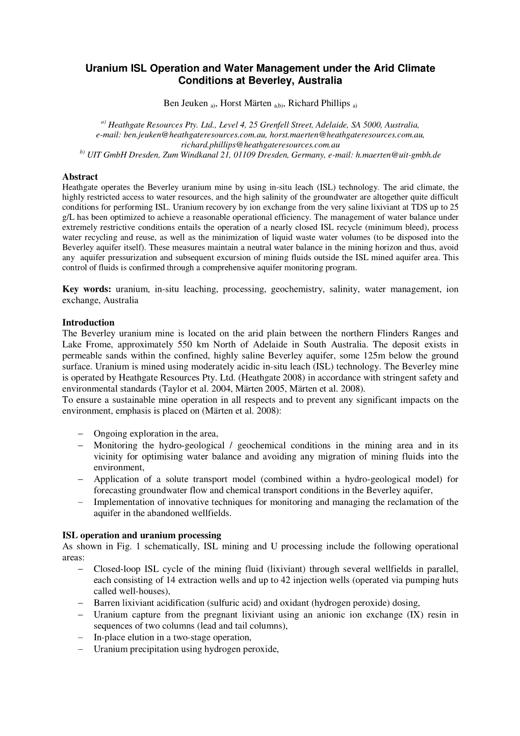 Uranium ISL Operation and Water Management Under the Arid Climate Conditions at Beverley, Australia